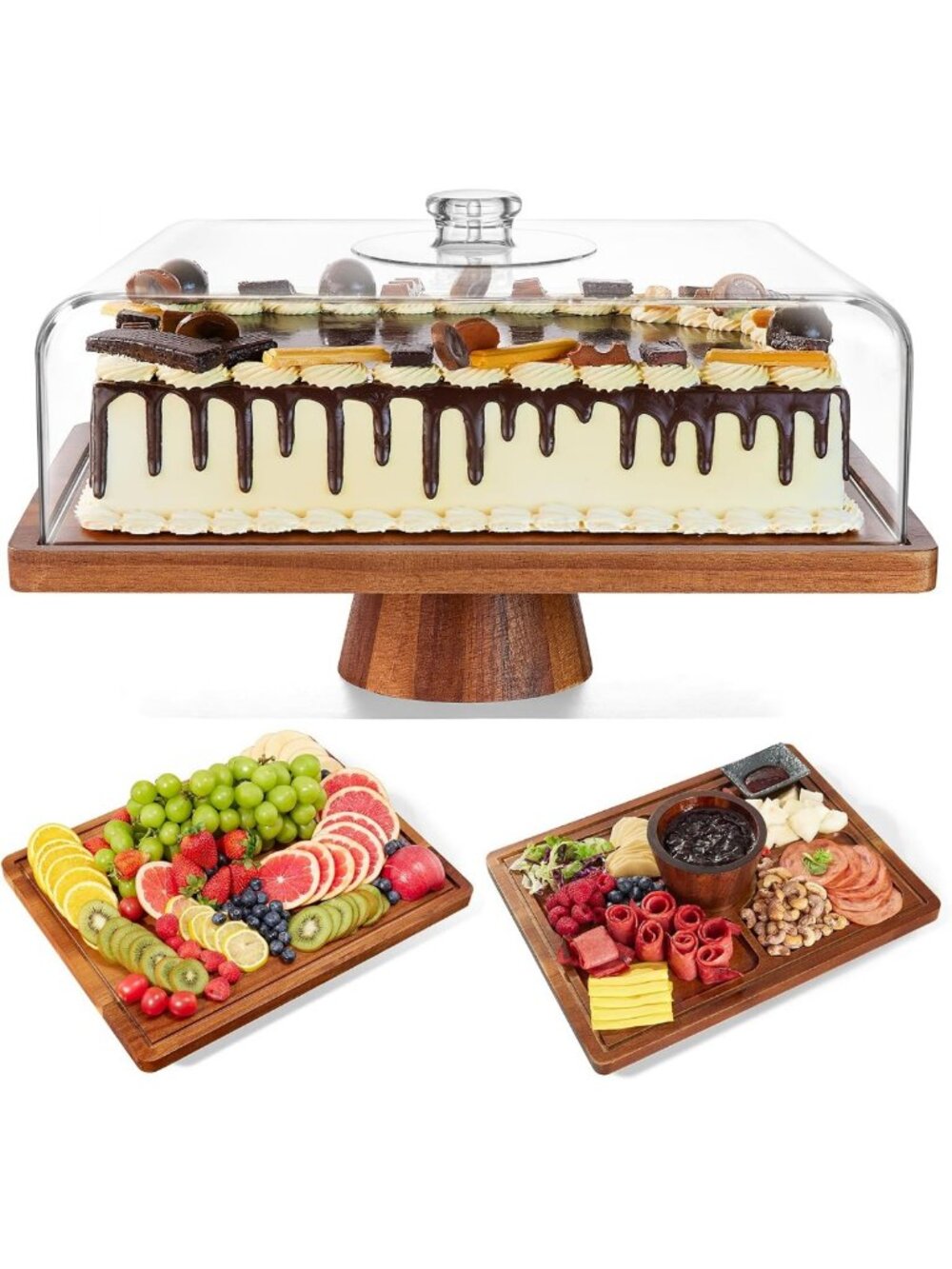 Large Rectangular Acacia Wood Cake Stand with Lid - 2-in-1 Serving Display